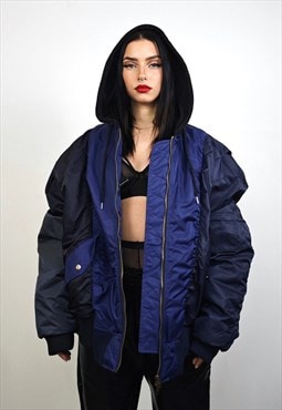 Hooded oversize bomber jacket blue colour block varsity