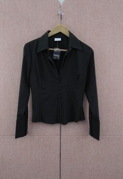 90's Vintage Boned Polo Shirt Black Long Sleeve Top Formal
