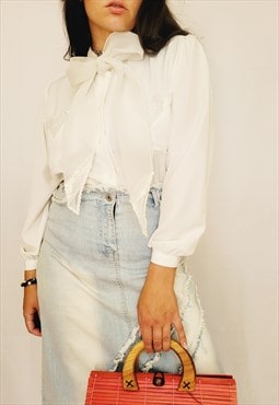90s bow collar embroidered white minimalist smart shirt