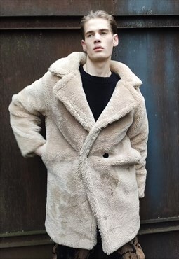 Soft fleece jacket faux fur thick Mac coat cream