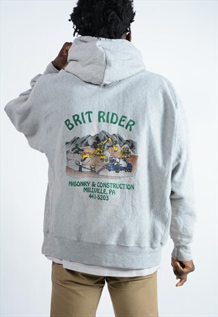 VINTAGE CHAMPION HOODIE IN GREY WITH GRAPHIC PRINT