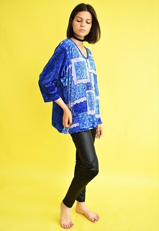 90'S RETRO ABSTRACT PATTERN SHIMMER VELVET BLOUSE TOP