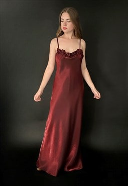 90's Vintage Red Bias Cut Floral Corsage Slip Maxi Dress