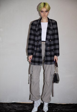 VINTAGE GREY CHECKERED WOOL BLAZER . UNISEX