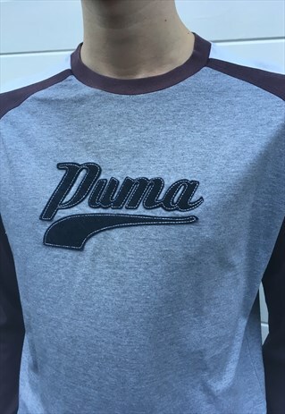 MENS VINTAGE 80S PUMA GREY PURPLE LONG SLEEVE TOP TSHIRT