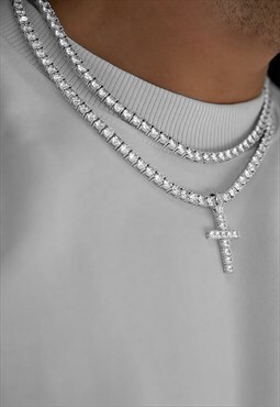Cross Pendant 5mm Diamond Necklace Chain - Silver