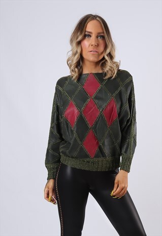 90'S LEATHER SWEATSHIRT TOP JUMPER BATWING SLEEVES (FNAV)
