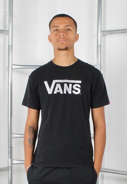 Vintage Vans T-Shirt in Black with Spell Out Logo Medium