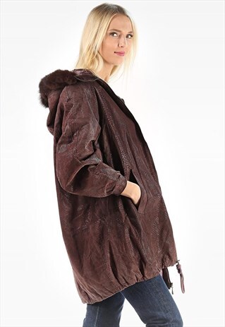 SUEDE DRAWSTRING PARKA COAT FAUX FUR TRIM