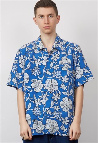 VINTAGE 90'S BLUE FLORAL HAWAIIAN PRINT SHIRT