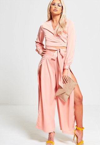 PINK SPLIT LEG CROPPED TOP MATCHING TWO-PIECE CO-ORD SET