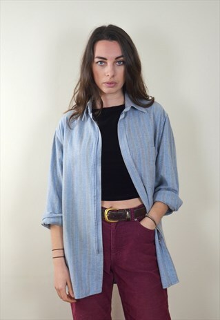 90S VINTAGE LIGHT BLUE & GREY STRIPED ZIPPED FLANNEL SHIRT