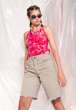 VINTAGE LEVI'S DENIM SHORTS 90S CROP BEIGE SHREDDED JEANS