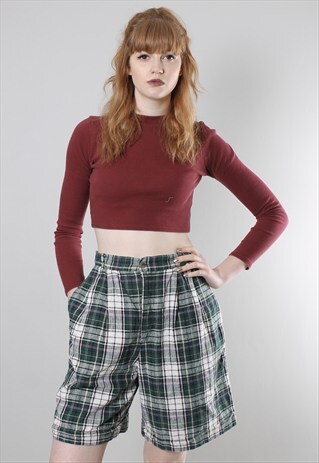 VINTAGE 80S GREEN CHECK HIGH WAISTED CULOTTES SHORTS