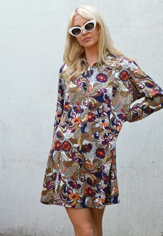 VINTAGE 70S WHITE & BROWN PATTERN SUMMER MINI DRESS