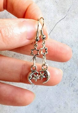 Tiny Moon and Star Linked Drop Earrings