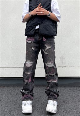 Black Washed Distressed Denim jeans pants trousers