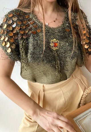 VINTAGE 80S BEJWELLED KNITTED HAUTE BOHEME BLOUSE TOP