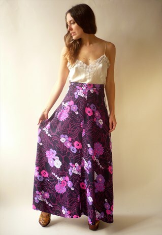 1970'S VINTAGE PSYCHEDELIC FLORAL PRINT HIGH WAISTED SKIRT