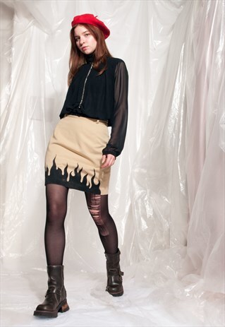 VINTAGE FLAME SKIRT 90S REWORKED HAND-PAINTED FIRE MINI