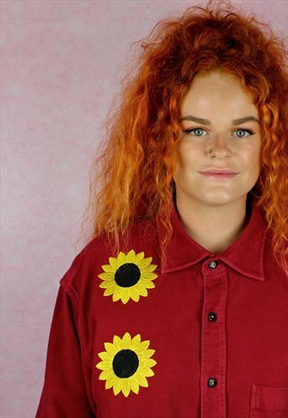 SUNFLOWER EMBROIDERED RED VINTAGE SUEDETTE SHIRT