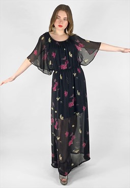 Vintage 70's Black Floral Fluted Sleeve Ladies Maxi Dress