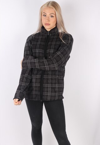 VINTAGE CHECK PATTERN FULL ZIP FLEECE JACKET JUMPER OVERSIZE