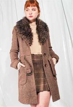 Vintage Coat Y2K Faux Fur Wool Jacket in Brown