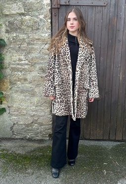 50's Vintage Ladies Brown Animal Print Faux Fur Coat 