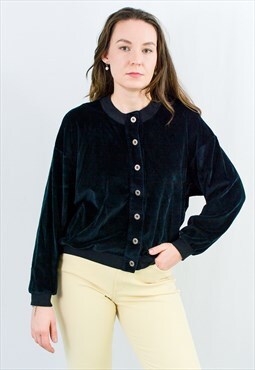 Black velvet sweatshirt vintage 90s cardigan button up XXL