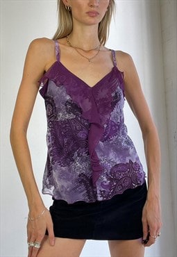 Vintage Y2k Mesh Cami Top Frilled Summer Festival Purple