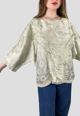 80's Pale Green Oversized Vintage Batwing Floral Top