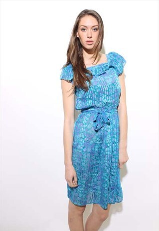 VINTAGE 1970'S 70'S PRINTED BLUE SILK CHIFFON MIDI DRESS S-M