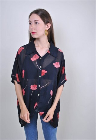 VINTAGE BLACK ROMANTIC BLOUSE WITH RED FLOWERS PRINT, SIZE L