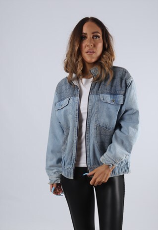VINTAGE SHERPA DENIM BOMBER JACKET UK S 10 (GJ2N)