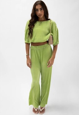 Green Crinkle Crop Short Sleeve Top And Trousers Co-Ord