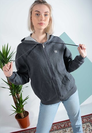 VINTAGE CHAMPION HOODIE IN GREY WITH LOGO.