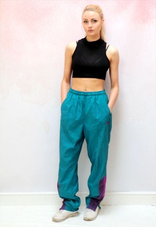 1980S VINTAGE GREEN AND PURPLE SHELL TRACK JOGGER BOTTOMS