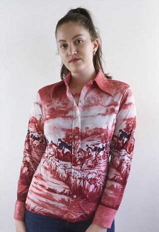 WOMENS VINTAGE 70S BLOUSE WESTERN PATTERN LONG SLEEVED SHIRT