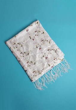 Vintage White Silky Viscose Scarf Fringe Flowers Embroidery
