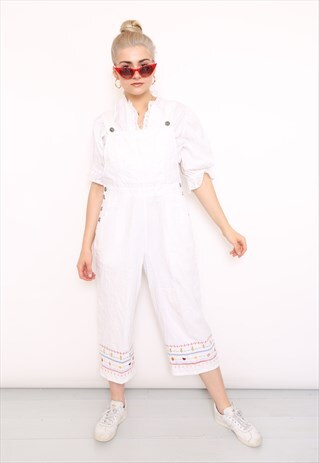 VINTAGE 90S WHITE COTTON EMBROIDERED DUNGAREES