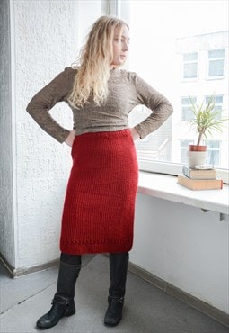 Vintage Burgundy Red Hand Knitted Stretchy Midi Skirt