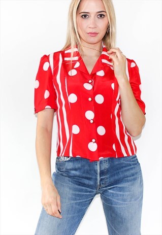 VINTAGE 90'S RED POLKA DOT CUTE BLOUSE / SHIRT