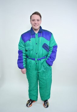 90s ski suit, vintage one piece snowsuit LARGE size green 