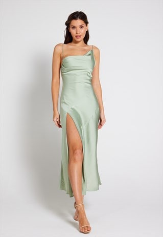 MILA ASYMMETRIC COWL NECK SATIN SLIP DRESS - SAGE GREEN