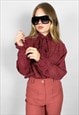 70's Vintage Burgundy Polka Dot Pussy Bow Ruffle Blouse