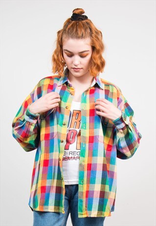 VINTAGE 90'S BRIGHT RAINBOW CHECK OVERSIZE SHIRT