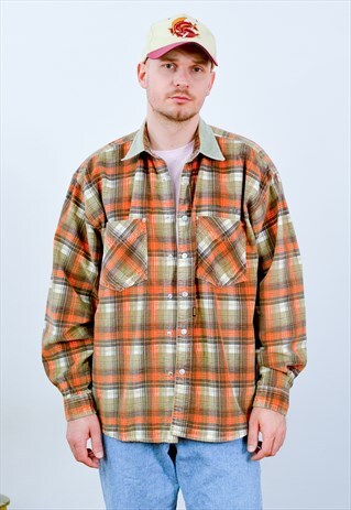 CHECKERED CORDUROY SHIRT VINTAGE ORANGE DENIM OVERSIZED