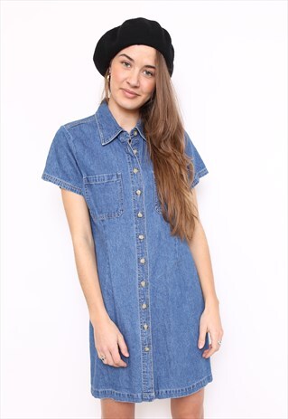 VINTAGE 90S BLUE DENIM COTTON SHIRT MINI DRESS