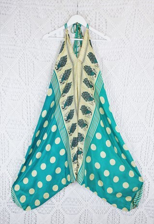 GREEN POLKA DOT SARI STRAPPY INDIAN HALTER NECK JUMPSUIT